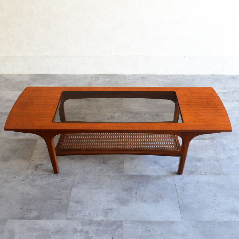 60S ガラストップ ローテーブル 35 (ラタン棚付き）