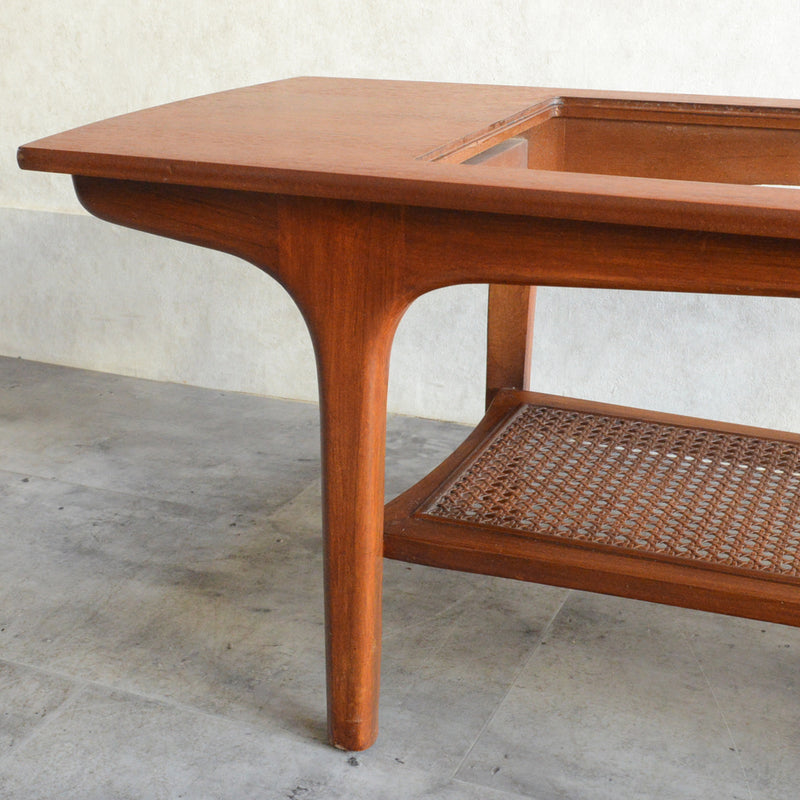 60S ガラストップ ローテーブル 35 (ラタン棚付き）