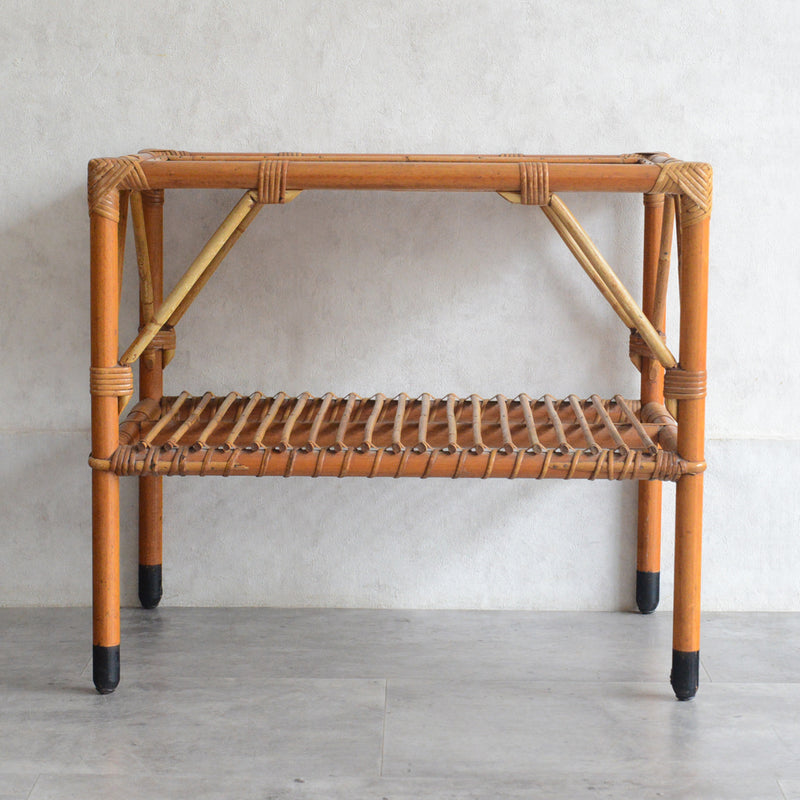 デンマークヴィンテージ　ラタンサイドテーブル(棚付き・天板チーク）6-43