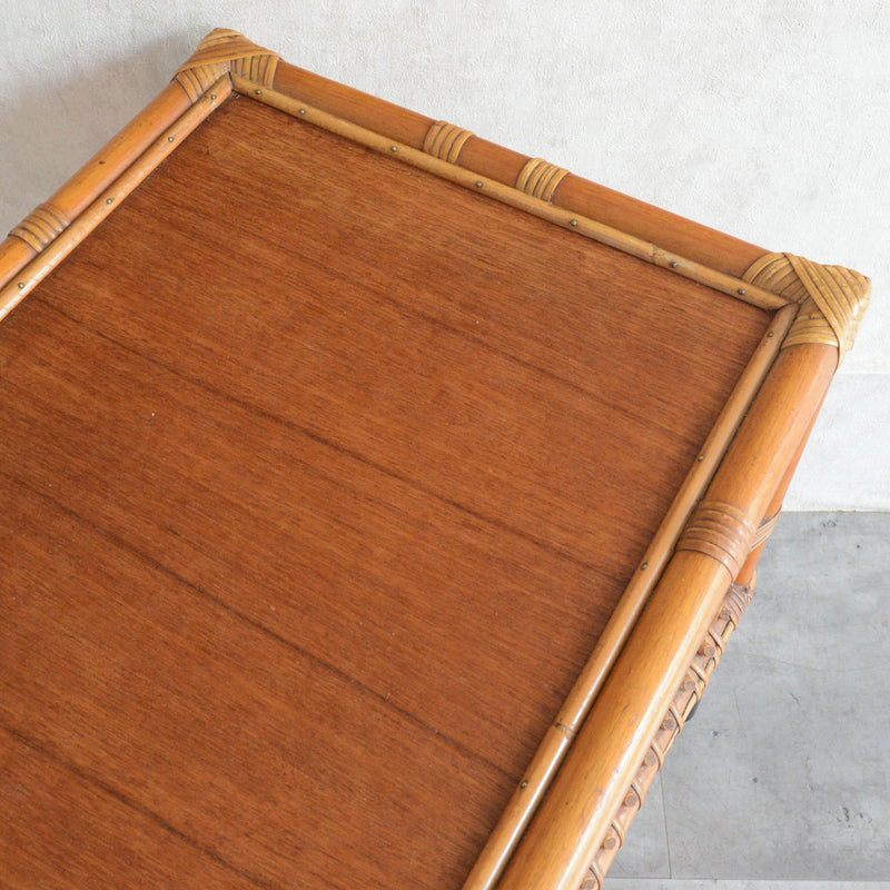 デンマークヴィンテージ　ラタンサイドテーブル(棚付き・天板チーク）6-43