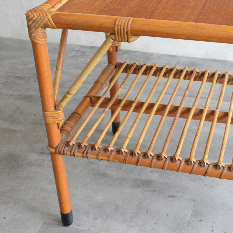 デンマークヴィンテージ　ラタンサイドテーブル(棚付き・天板チーク）6-43
