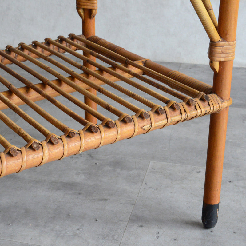 デンマークヴィンテージ　ラタンサイドテーブル(棚付き・天板チーク）6-43